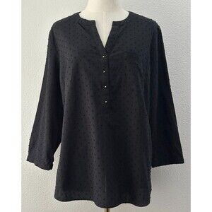 Christin Michaels Swiss Dot Textured Cotton Tunic Top XL Black Career Office
